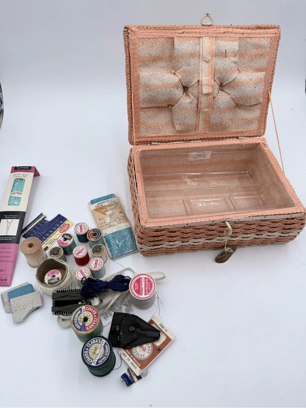 Vintage Dritz Pink Floral Woven Wicker Sewing Basket Pin Cushion W/ Supplies